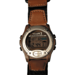 brown vibrating alarm watch with auto reload countdown.
