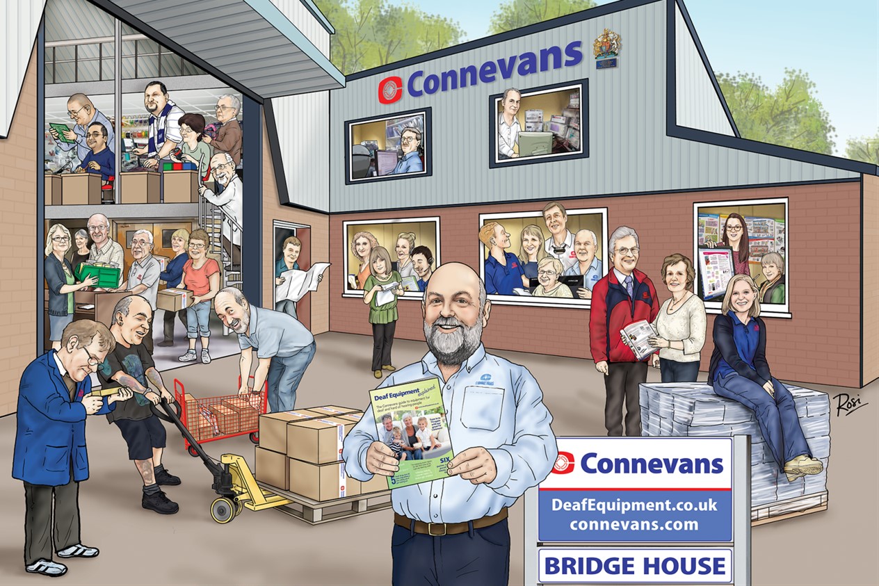 Cartoon caricatures of Connevans' staff